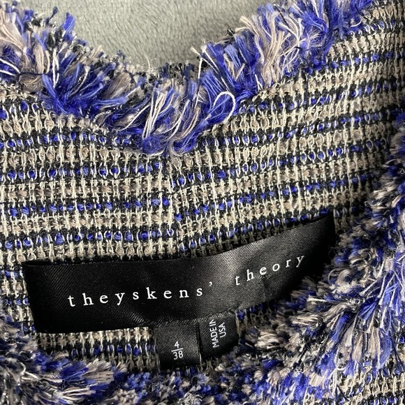 Theyskens' Theory Jacket Womens 4 Blue‎ Jossak Tweed Button Fringe Metallic Lady - Picture 5 of 13